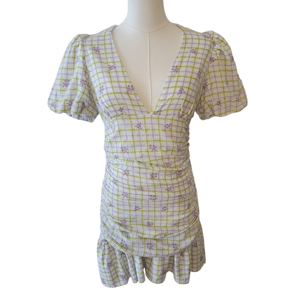 Zara Gingham Floral Ruched Mini Dress Size Small - Picture 2 of 7
